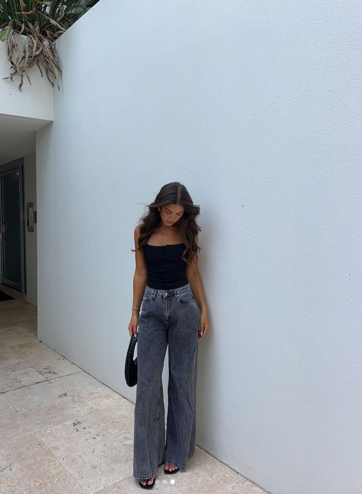 Gray Wide-Leg Pants and Black Sandals